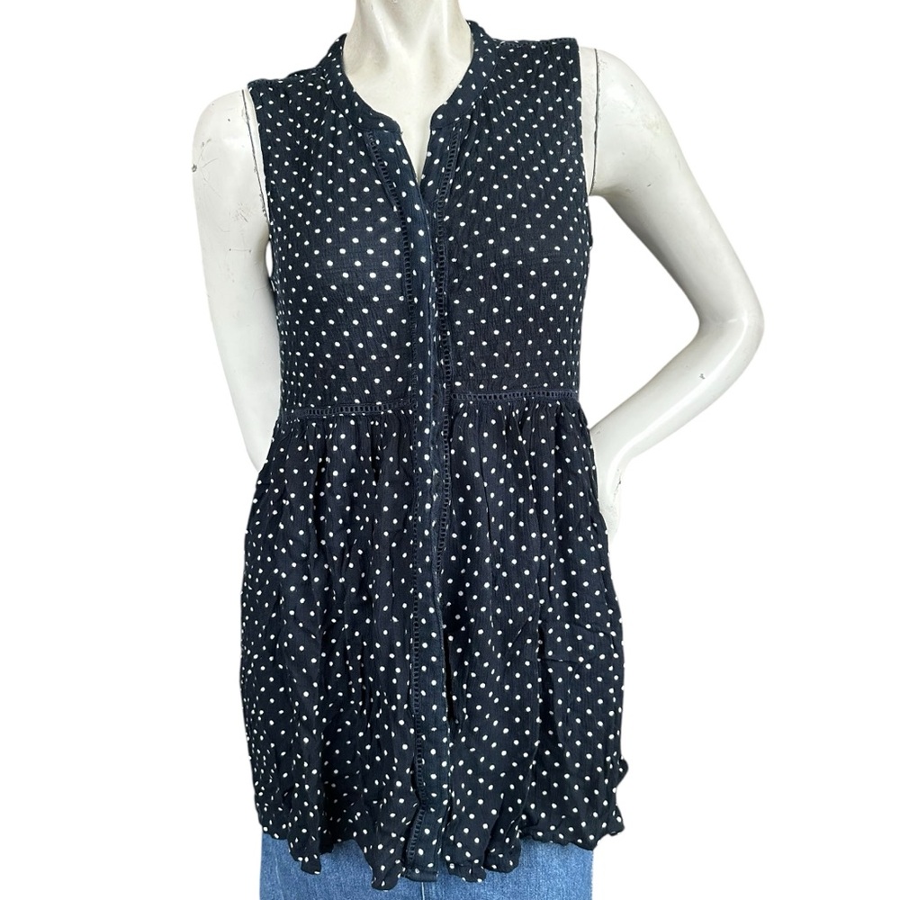 Anthropologie Cottagecore Navy Blue & White Polka Dot Babydoll Tank Top Medium